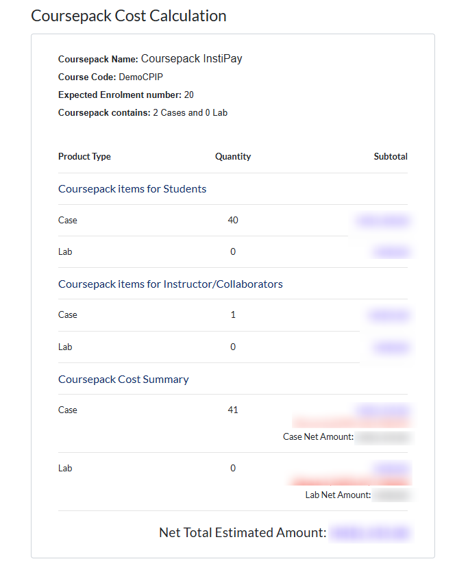 coursepack cost calculation